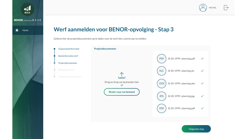 Desktopmock-up van het BENOR contractor platform