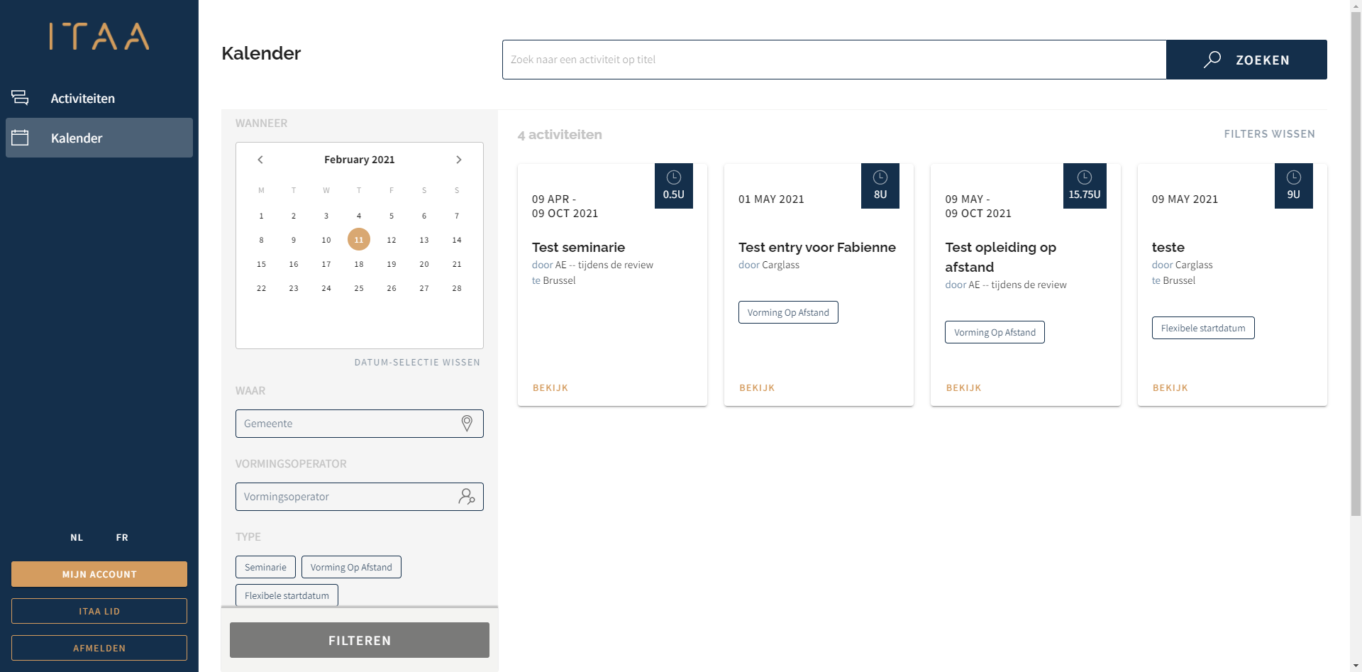 Dashboard van het permanente vormingsplatform voor ITAA