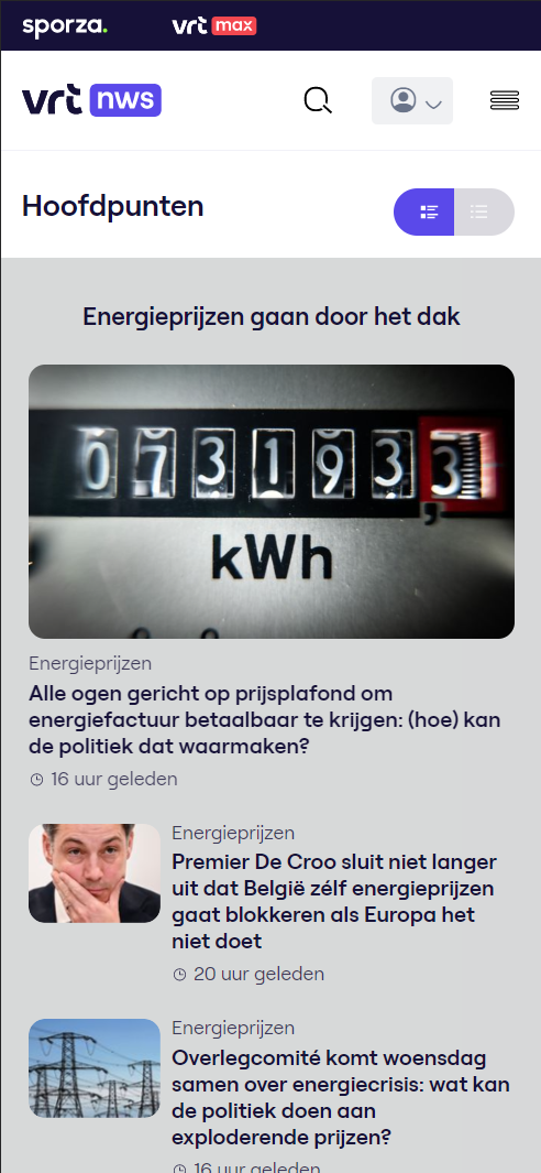 Mobiele schermen van de VRT NWS app